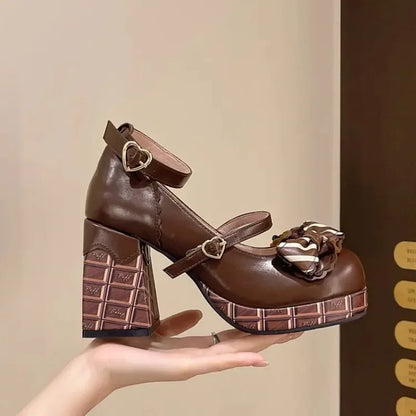 2025 New Sweet Girls Lolita High Heels Platform Shoes Young Women Students Cute Chocolate Candy Bowknots Ankle Strap Mary Jane