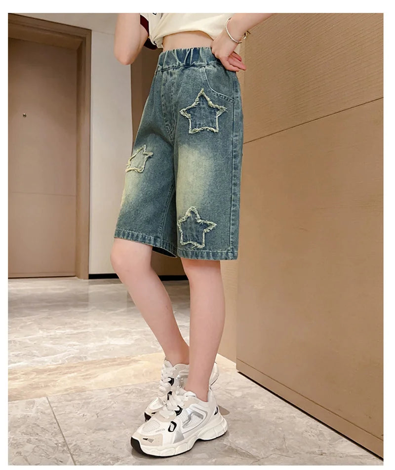 Girls Denim Shorts Summer Casual Loose Jeans Children Wide Leg Short Pants Teen High Waist Straight Trousers 5-14 Years