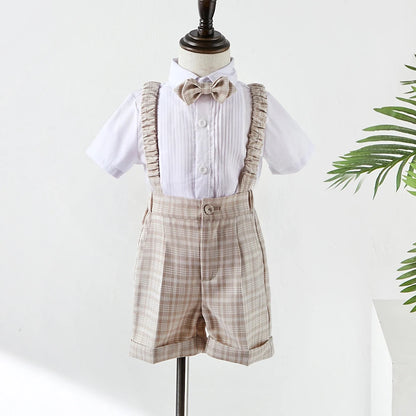 Baby Photograph Boys Suit Children Clothes Set Spring Khaki Lattice Birthday Dress Kids costume Tuxedo Coat+Shorts With Strap