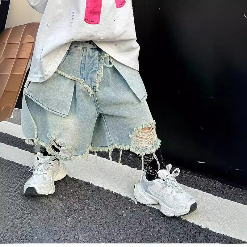 Boy Summer Shorts Kids Casual Denim Jeans Children Knee Length Pants Infant Fashion Ripped Denim Shorts Baby Elastic Waist Short