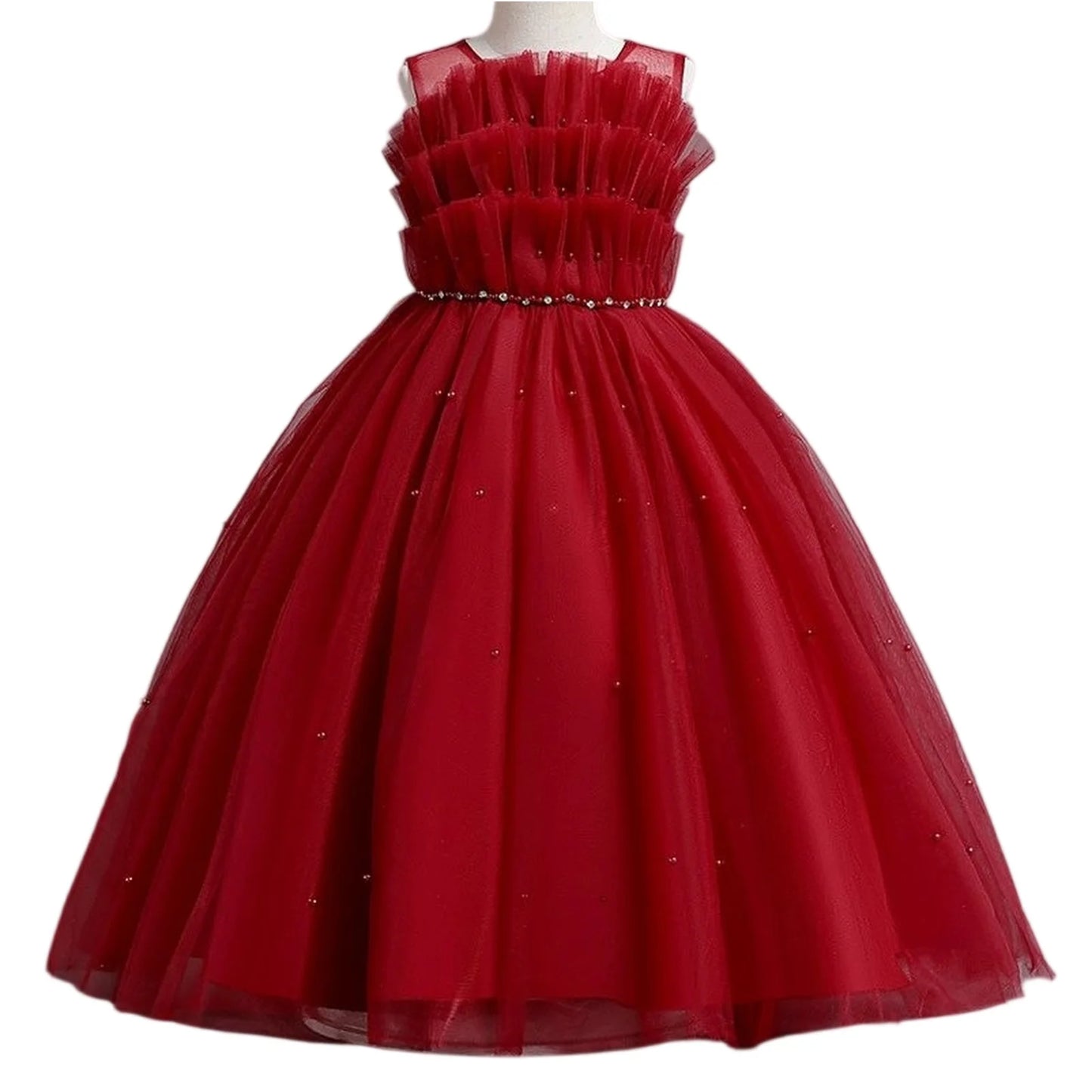 Girls' Dress Pink Red White Navy Blue Girl's Ceremonial Dress Summer Mesh Puffy Shoulderless Evening Dresses For Wedding Party