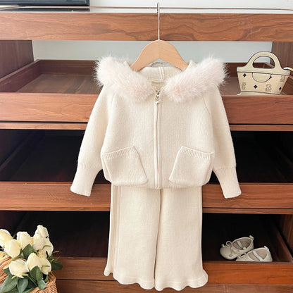 Girls Suit 2025 Autumn and Winter New Childrens Clothes Girls Baby Fashion Wool Collar Hooded Sweater Pants Two-piece Set Simple