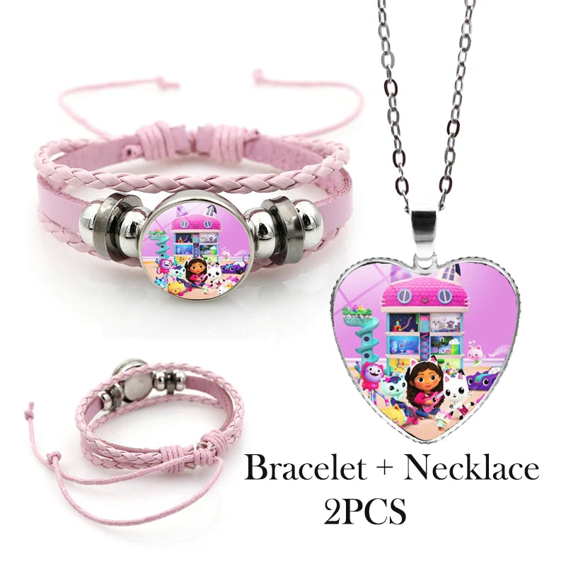 Gabby Dollhouse Girl Bracelets + Necklace Jewelry Set 2pcs Female Kawaii Necklace Chain Accessories Girl Party Birthday Gift Toy