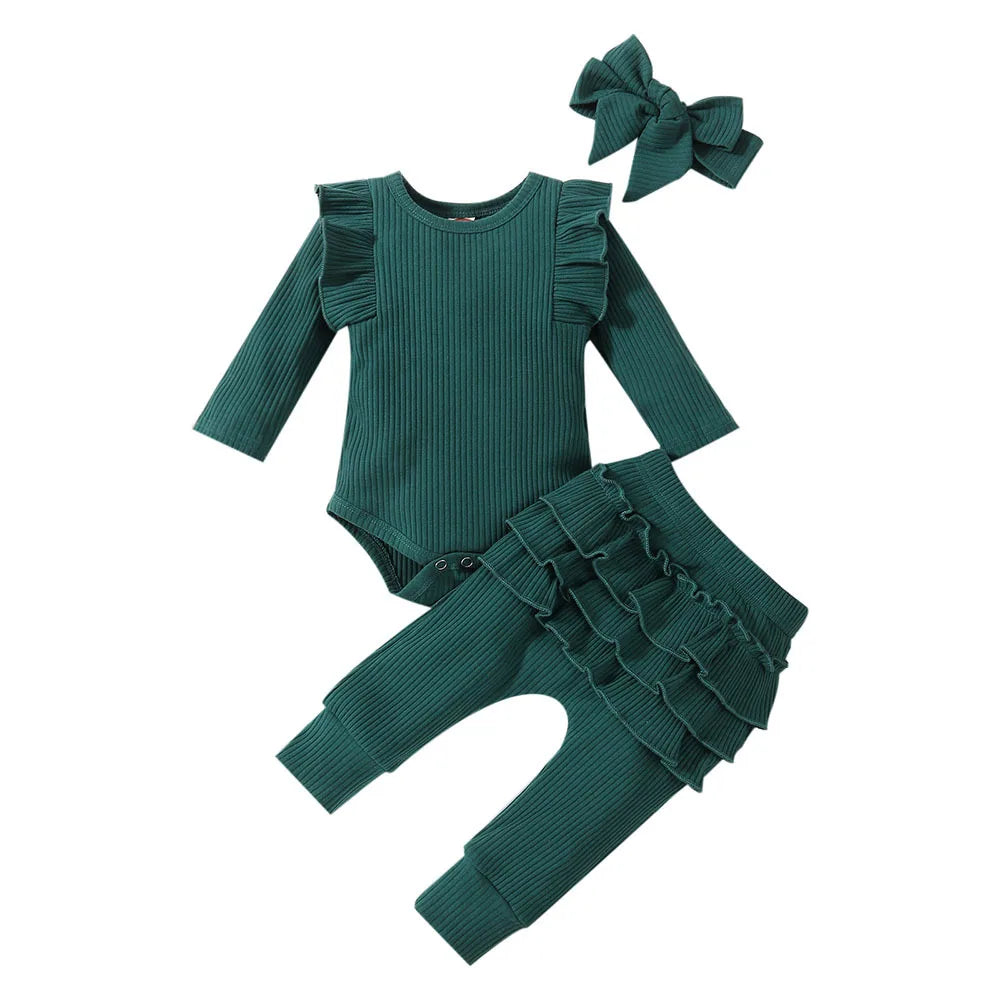 Newborn Baby Girls Clothes Infant Long Sleeve Ruffle Romper Bodysuits+Pants+Bow Headband 3Pcs Suit Children Toddler Outfit A422