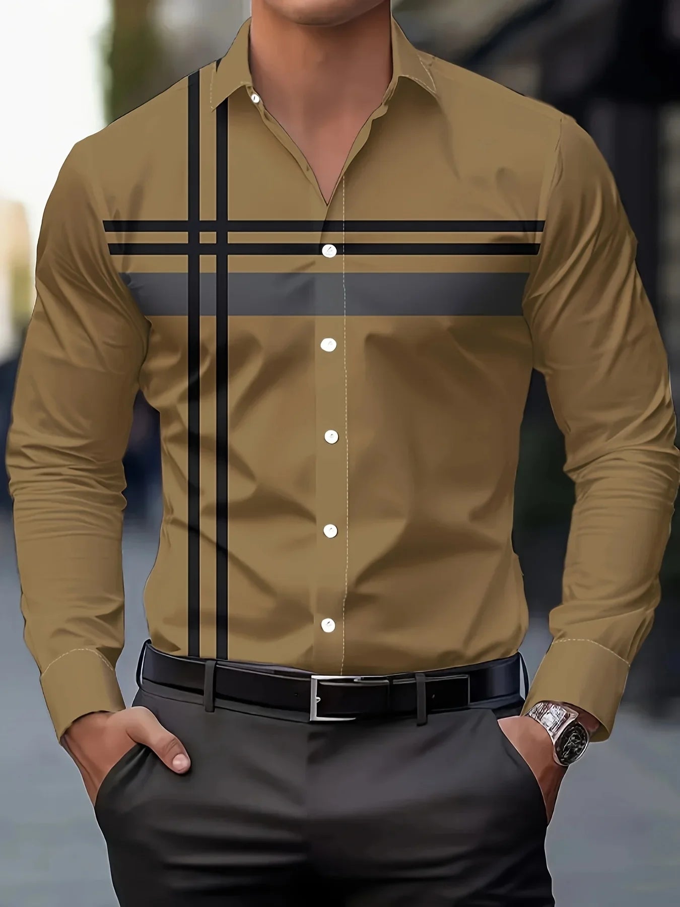 Men's Casual Dress Shirt with Modern Striped Design Regular Fit Long Sleeve Button-Up, Machine Washable for Spring Fall Office