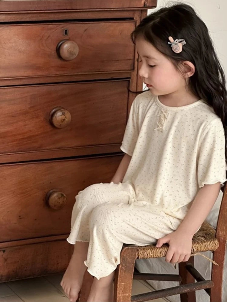 Girls Summer Ice Silk Pajamas Set Short Sleeve Long Pants Sweet Cute Baby Loungewear for Air Conditioning
