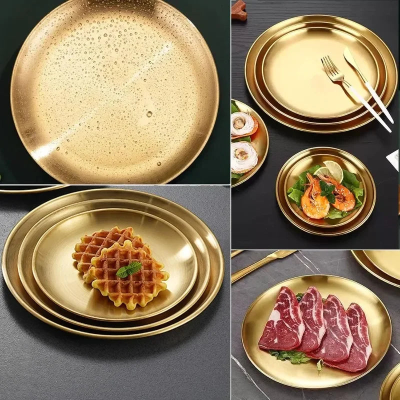 High Quality Gold Silver Tray Stainless Steel Dining Disc Round Bone Spitting Dishes Fruit Meat Dessert Plate Kitchen Tableware