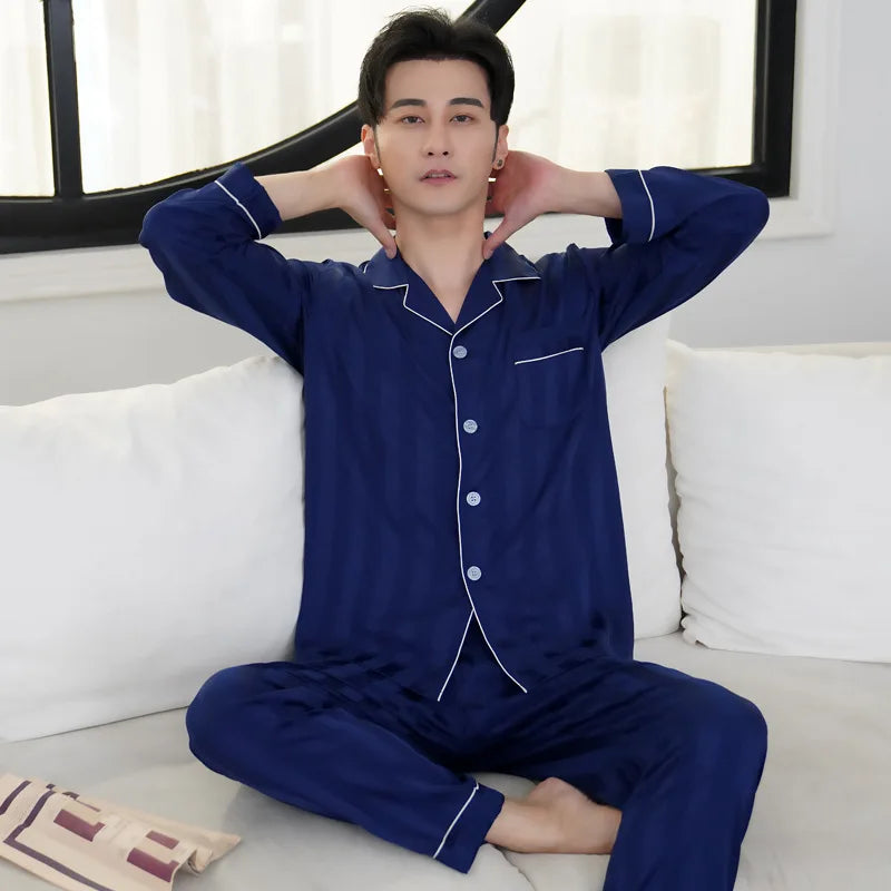 Pajamas Men Spring Summer Thin Ice Silk Luxurious Loose Fitting Home Wear Suit Male Satin Pyjamas Set Night Pajamas Set Men