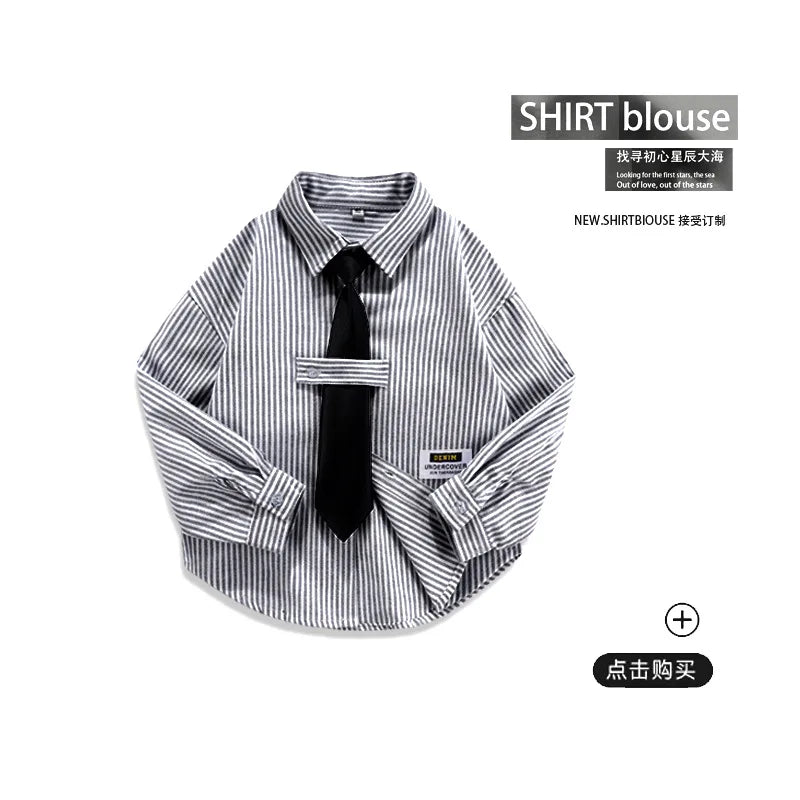 Girls Boys Blouses Long Sleeved Shirts Teens England Style Outerwear Kids Necktie Jacket 2024 Spring Autumn Children's Clothing
