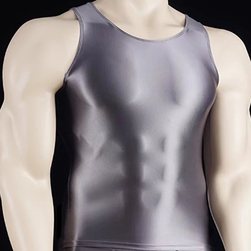 Men Thin Fitness vest Tights suit Slim Bottoms Satin Glossy Leggings Streetwear Athletic Shorts Quick-drying Compression Pants