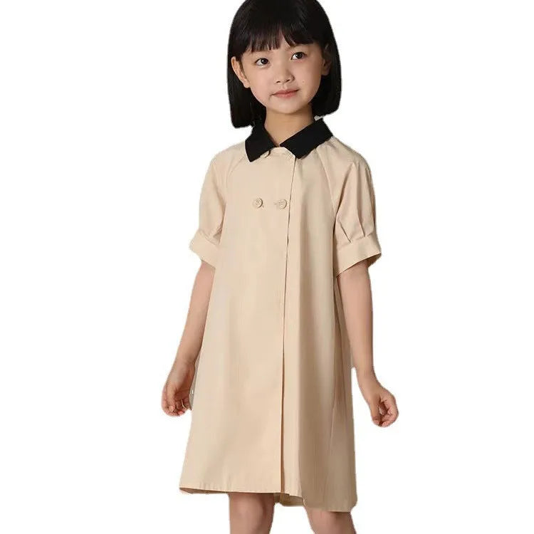 Girls Dress 2025 Spring Summer New Simple Temperament Cotton Contrasting Turn-down Collar Double Breasted Short Sleeved Dress