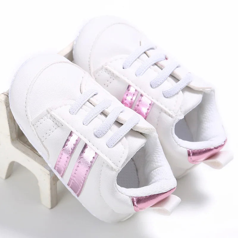 Newborn Baby Boys Shoes for 1 Year Footwear with Striped Infant Casual PU Leather Toddler Soft Sole Girls Sneakers First Walkers