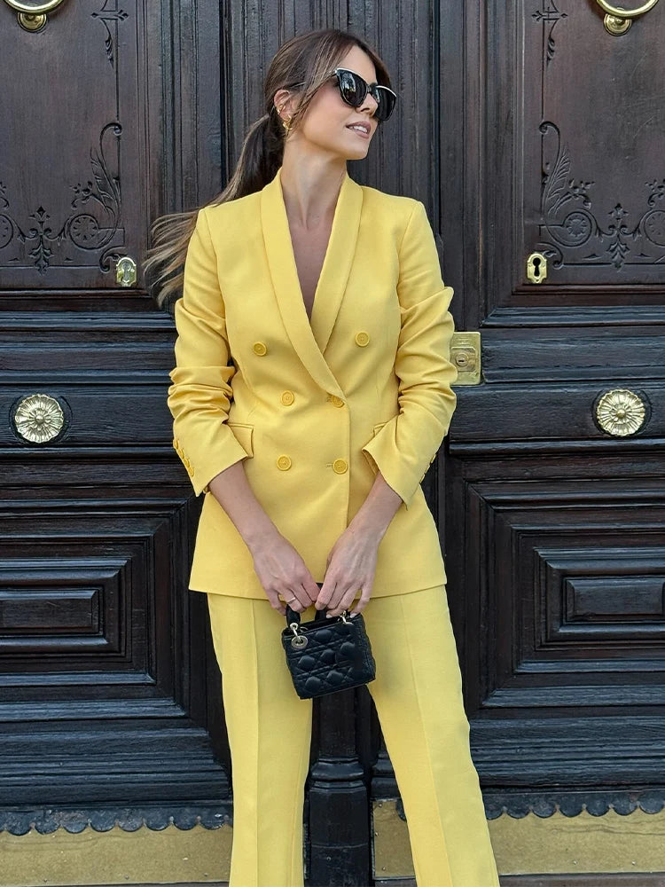 HH Women Spring Suit Turn-Down Collar Long Sleeves Double-Breasted Blazers+Mid Waist Zipper Flared Pants Women Casual Set