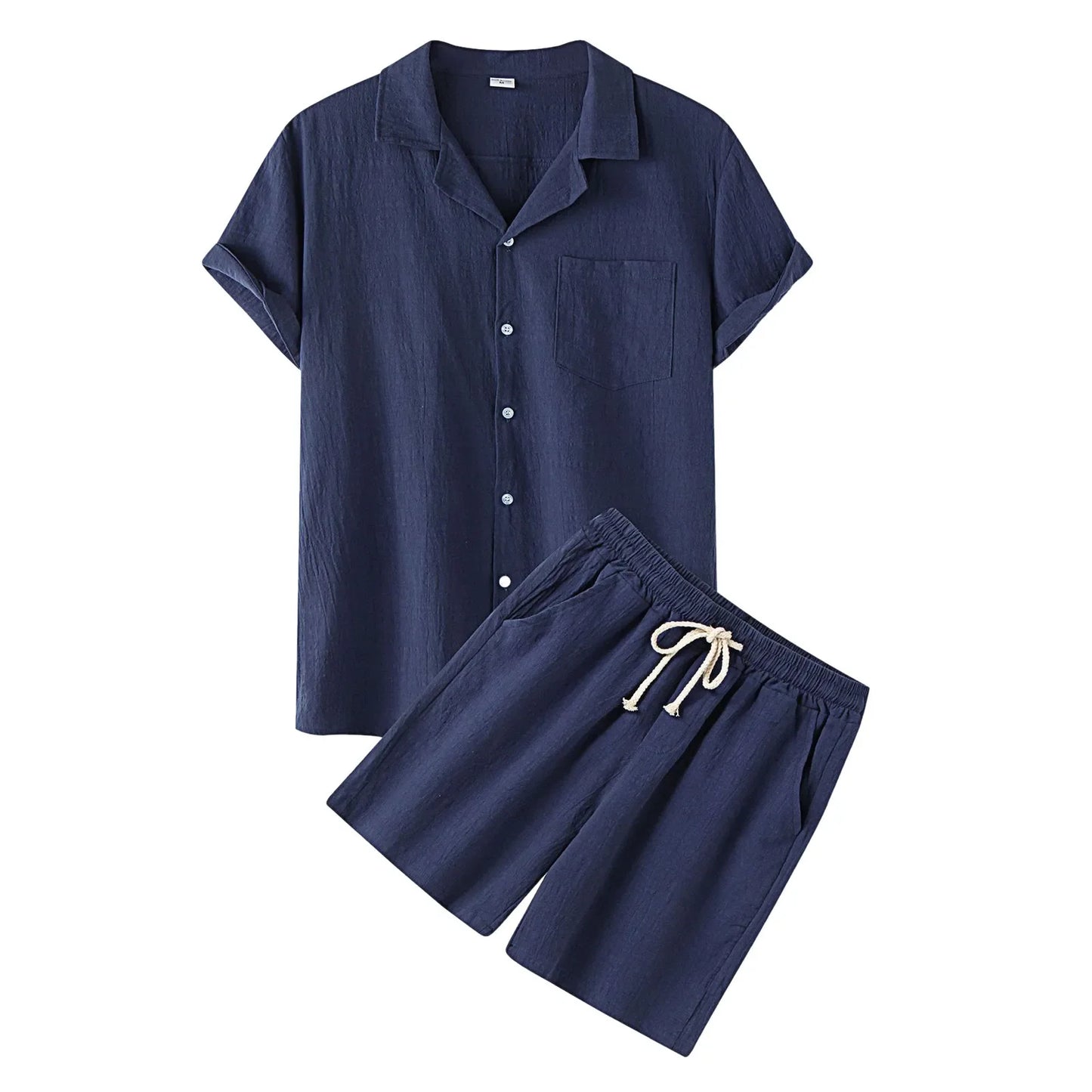 Cotton Linen Men Outfit Set Summer Casual Loose Single Breasted Men's Shirt Shorts 2 Pcs Sets Solid Beach Wear Short Sleeve Suit