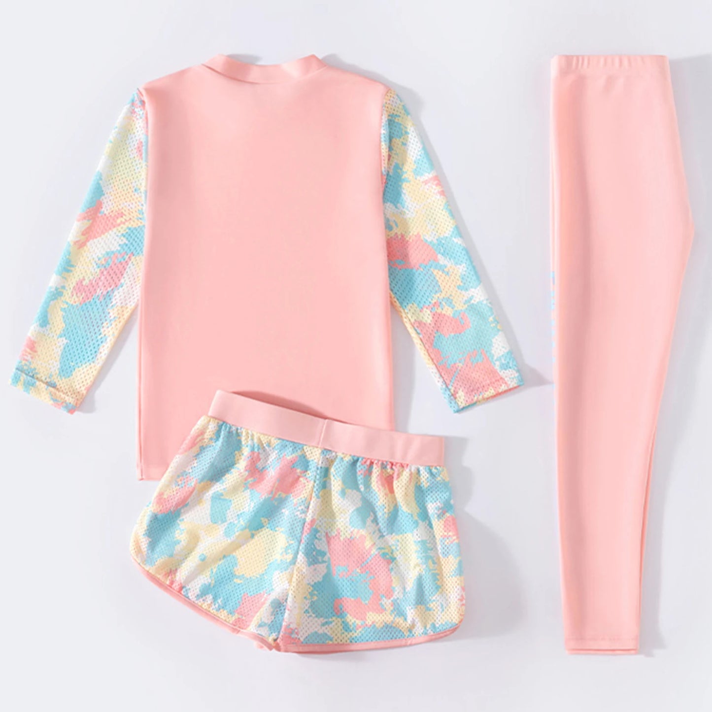 Girls 3-Piece UV Swimsuit Sun Protective Long Sleeve Rash Guard Swimwear Quickly Dry Swimming Shirt Top+Shorts+Pants Outfits