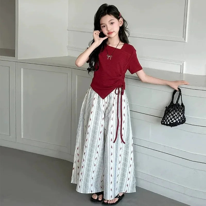 Summer Teenage Girls Clothes Set Children O-Neck Tshirt and Wide-leg pants Suit Student School Short Sleeve Top Bottom Outfits