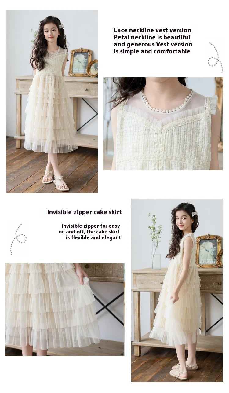 Tulle Tiered Dress for Girls 2026 New Summer Sleeveless Vest Princess Dress Daily Party Holiday Beige Teenage Children Clothes