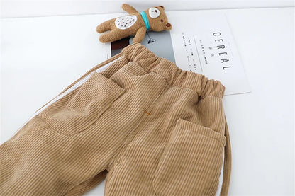 Baby boy clothes autumn winter plus velvet warm thickening suit boys and girls cartoon bear sweater + corduroy pants baby 2pcs
