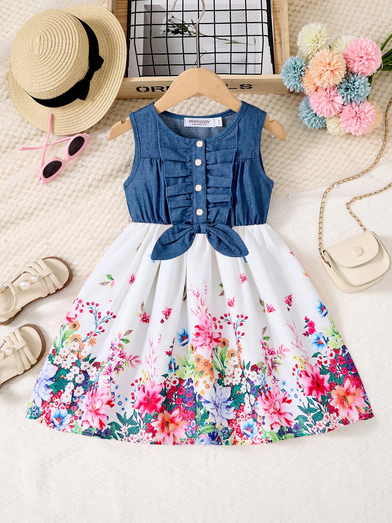 Girls Casual Dresses Denim Print Button Bow Ruffled sleeves Floral Tulle Cute Princess Formal Dresses Children Casual Dresses