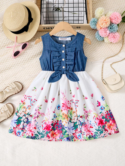 Girls Casual Dresses Denim Print Button Bow Ruffled sleeves Floral Tulle Cute Princess Formal Dresses Children Casual Dresses