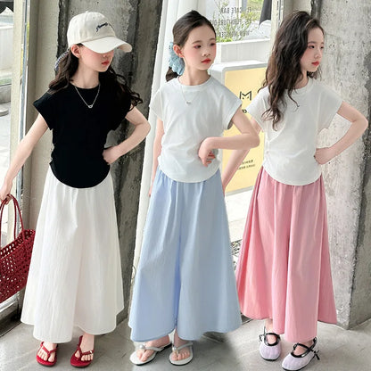 Girls New Suit Children Top Set Summer Short Sleeved T-shirt Pants 2PCS Kid Solid Color Outfits Teen Casual Loose Clothes