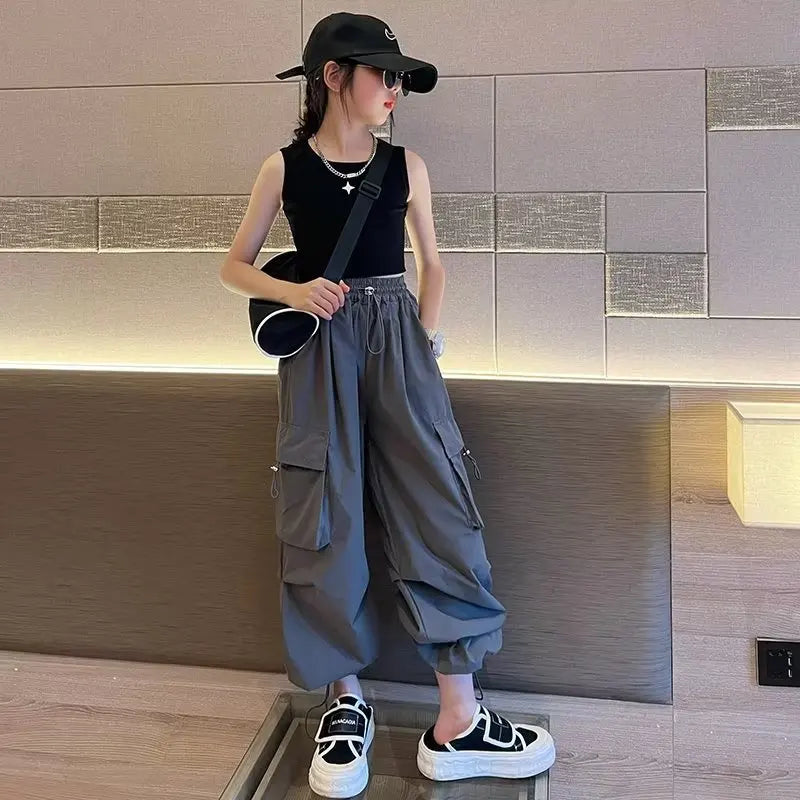 Girls Loose Joggers Pants Teen Casual Straight Trousers Fashion Children Pockets Design Cool Streetwear Big Kids Pants 5-14 Year