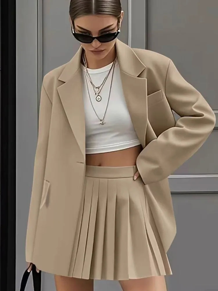 Women's New Fashion Casual Two-Piece Sets Pleated Skirt Suits Women Spring Autumn Office Ladies Solid Suit Coat And Skirt Set