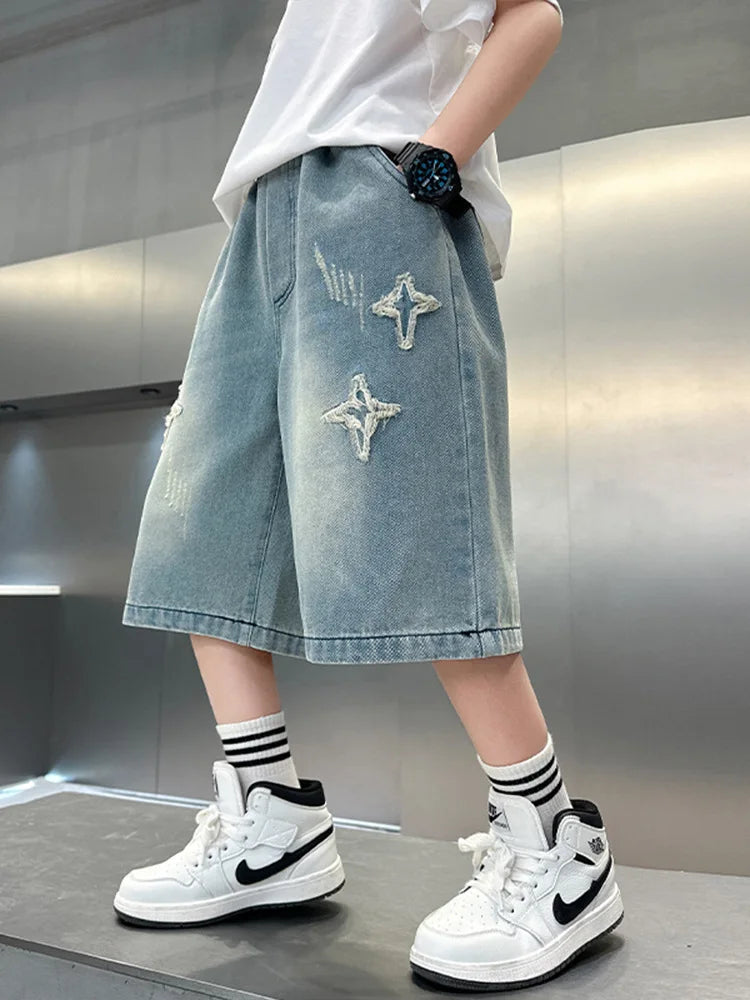 Boy Star Jeans 2025 Summer New Fashion Pocket Stretch Boys Denim Mid-Pants Childrens Boys Casual Cropped Pants 3-15 Years Old