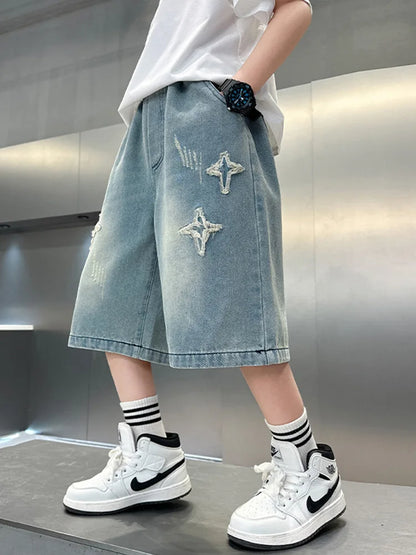 Boy Star Jeans 2025 Summer New Fashion Pocket Stretch Boys Denim Mid-Pants Childrens Boys Casual Cropped Pants 3-15 Years Old