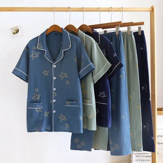 Men's Trousers Pajamas Set for Spring and Summer Thin Design Cotton Fabric Short Sleeved Long Pants Home Men Pyjama Set