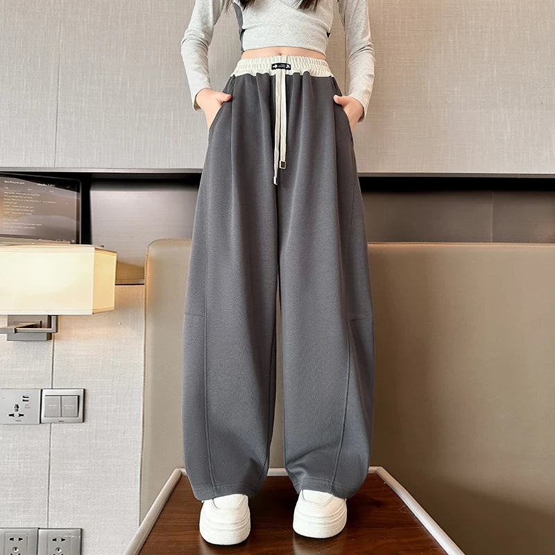 Girls Wide Leg Drawstring Pants Kids Fashion Loose Pants Children Straight Sweatpants High Waisted Spring Autumn Casual Trousers