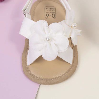 2025 New Baby Girls Shoes Flowers With Pearls Summer Cool Princess Sandals Lightweight Comfortable Soft Anti-slip Flat Sole