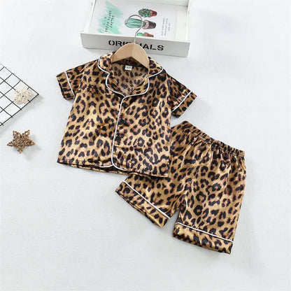 Boys Girls Kids Pajama Sets Cartoon Leopard print Short Sleeve T-Shirt Tops Pants Toddler Baby Sleeping Cloth Pijamas Sleepwear