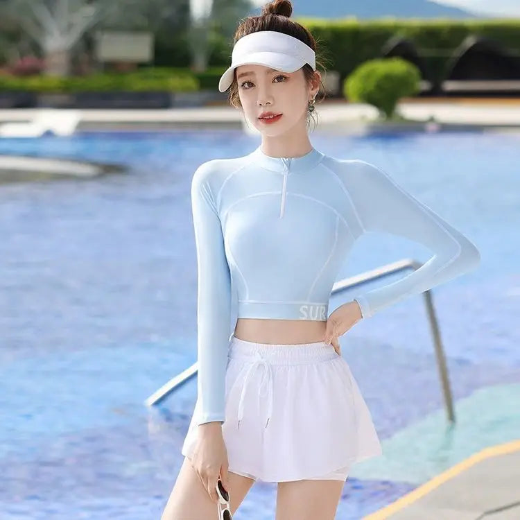 Summer New Girls Swimwear High-waist Split Boxer Briefs Long-sleeved Sun Protection and Flesh-covering Beach for Small People