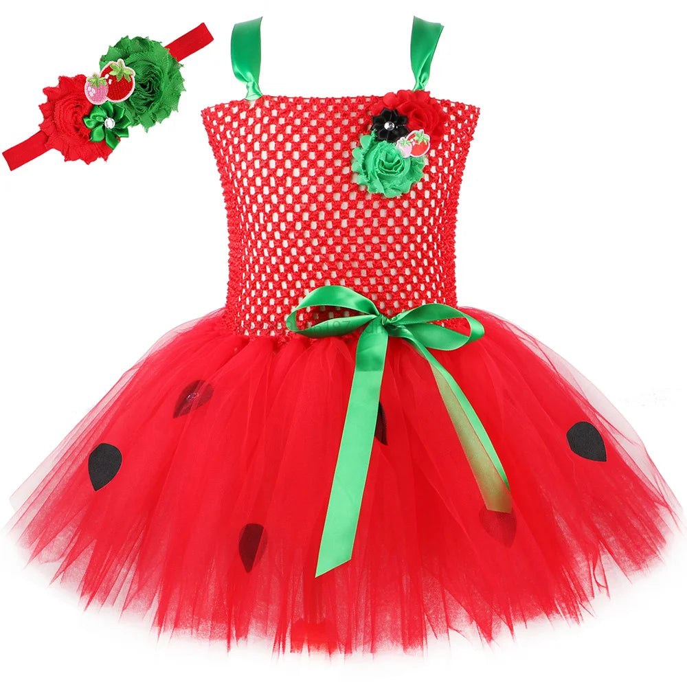 Red Green Dresses for Girls Princess Tutu Dress with Flowers Headband Toddler Children Cosplay Costume for Birthday Party