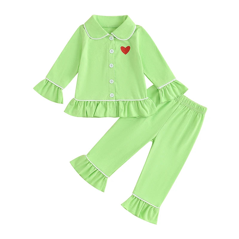 Baby Girls Pyjama Sets Cotton Long Sleeve Lapel Ruffle Hem Buttons Red Tops Pants Suit 2pcs Pjs for Toddler Girls Clothes