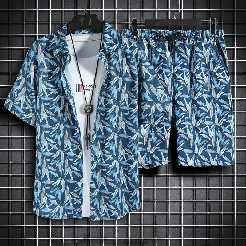 Summer New Men Beach Clothes 2 Piece Set Quick Dry Hawaiian Shirt Shorts Set Men Fashion Clothing Printing Casual Male Outfits