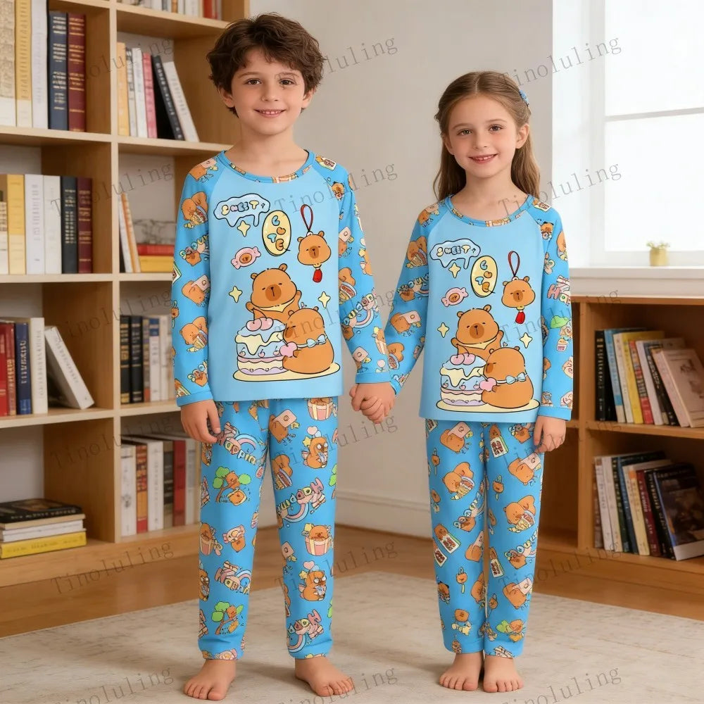 Boys Girls Pajamas Sets Kids Toddler 3 to 4 5 6 7 8 9 10 11 12 Years Capybara Pink Brown Long Sleeve Pyjamas Children's Clothing