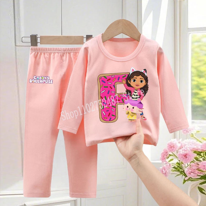 Gabby Dollhouses Pajamas Pants Set Girls Cute Letter A-Z Nightwear Trousers Kids Winter Home Clothes Children Long Sleeves Gift