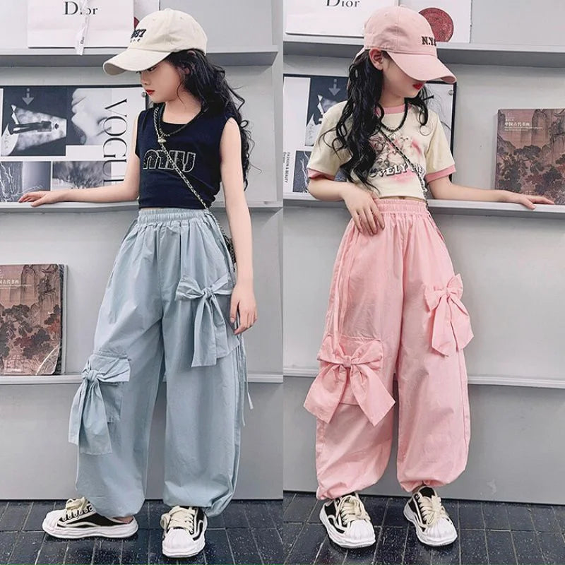 Girls Bow Cargo Pants 2025 New Kids Spring Sweet Trousers Children Autumn Fashion Loose Pants Teenager Wide Leg Clothing