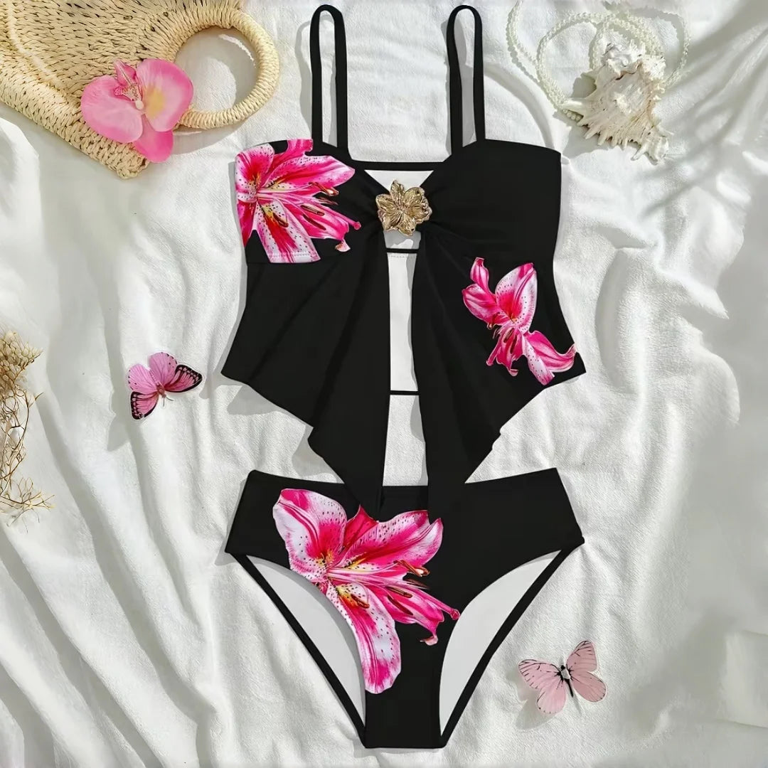 Teen Girl Swimsuit 2pcs Black Tankini Sets Girls Separate Swimwear for 7-16 Years Children Bathing Suit Metal Floral Beach Wear