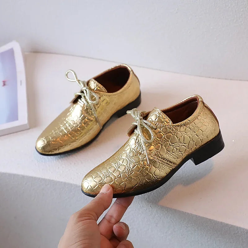 Boys Leather Shoes Pointed Toe Children Performance Shoes Low Heels British Style School Kids Shoes Gold Lace Up Casual Loafers