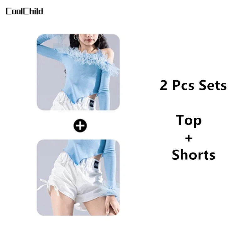 Girls K-pop Elegant Crop Top Cargo Pants Children Hip Hop Jazz Dance Shorts Kids Sweet Streetwear Costume Princess Clothes Sets