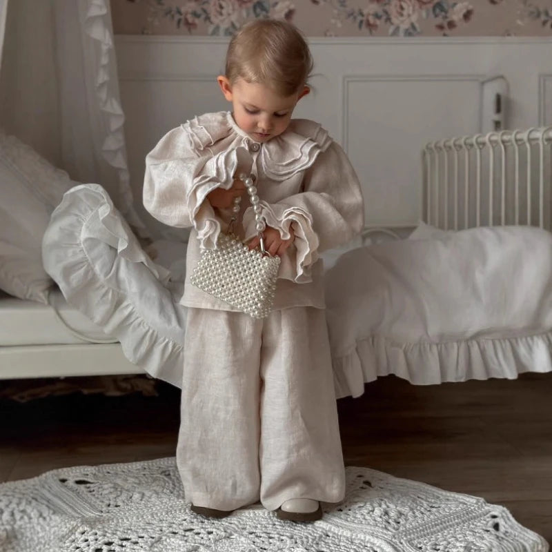 Teen Girl Clothes Kids French Style Girls Linen Blouse Layered Lace Shirt Versatile Kids Long Sleeve Top Costume Spring Autumn