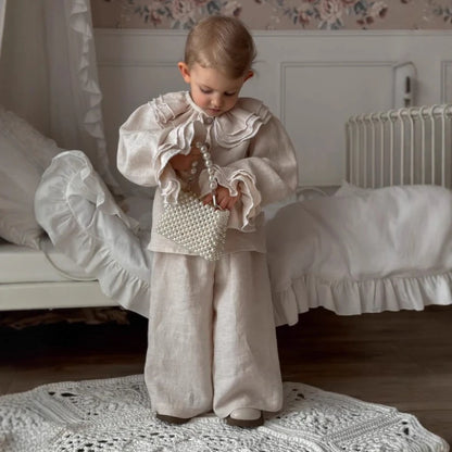 Teen Girl Clothes Kids French Style Girls Linen Blouse Layered Lace Shirt Versatile Kids Long Sleeve Top Costume Spring Autumn