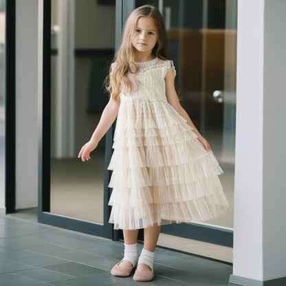 Tulle Tiered Dress for Girls 2026 New Summer Sleeveless Vest Princess Dress Daily Party Holiday Beige Teenage Children Clothes