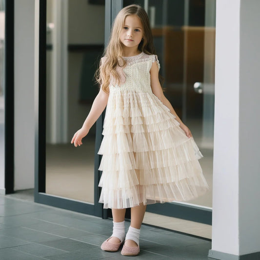 Tulle Tiered Dress for Girls 2026 New Summer Sleeveless Vest Princess Dress Daily Party Holiday Beige Teenage Children Clothes