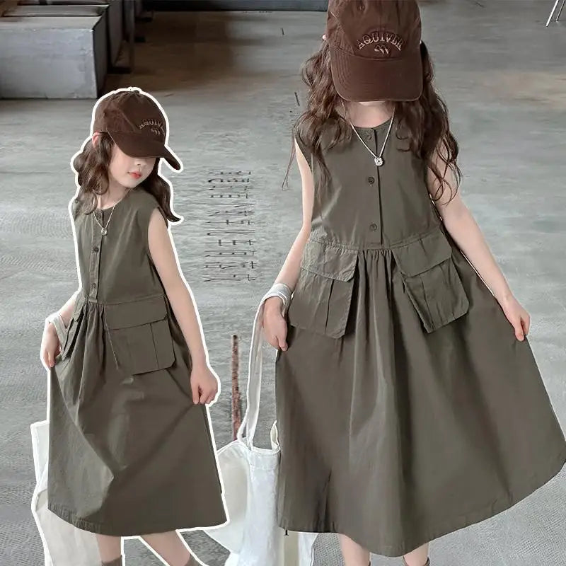 5-14Years Kids Summer Sleeveless Dresses for Girls Cotton Thank Long Dress Teens Children Casual Outfits Clothing 6 7 8 9 10 11