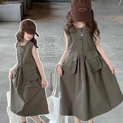 5-14Years Kids Summer Sleeveless Dresses for Girls Cotton Thank Long Dress Teens Children Casual Outfits Clothing 6 7 8 9 10 11
