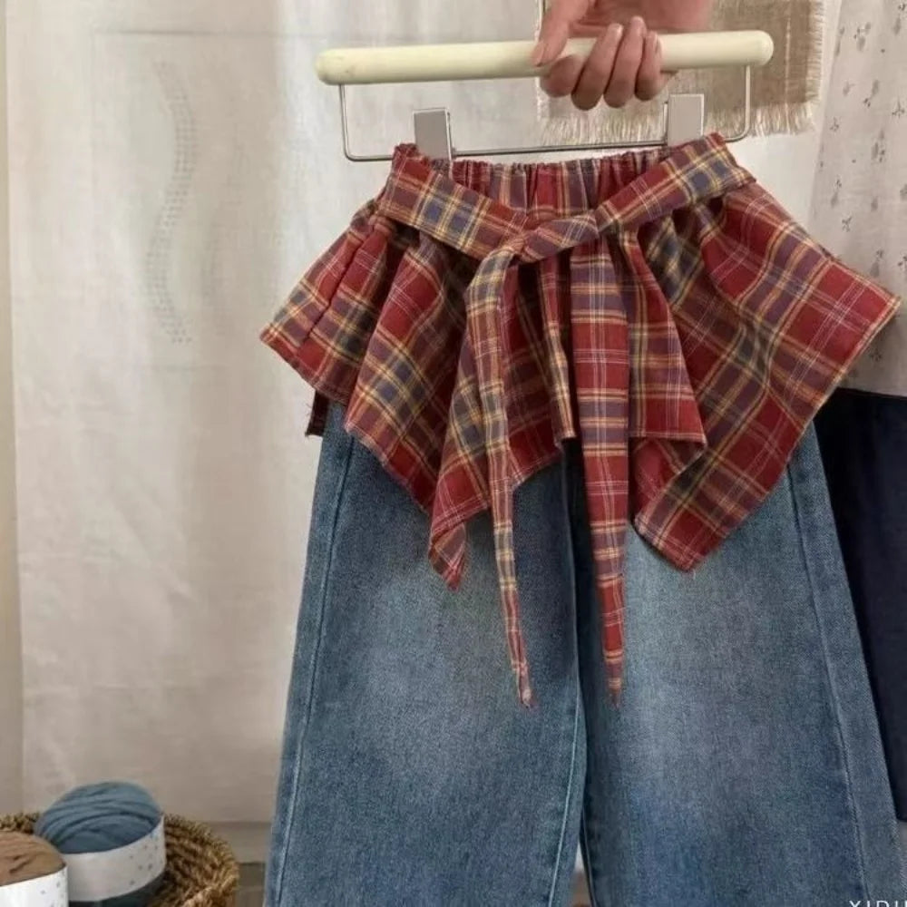 Girls' Pants 2025 New Stylish Little Girl Super Good-looking Retro Red Checkered Lace Up Fart Curtain Denim Skirt Pants